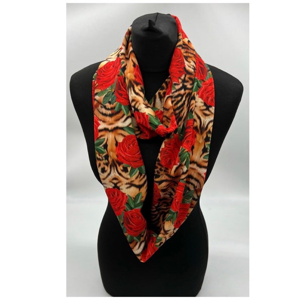 Tiger and Rose print  infinity scarf, bubble crepe red , green and black flower print loop scarf, gift for her