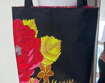 Black and pink reversible tote bag, floral cotton shopper, mothers day gift