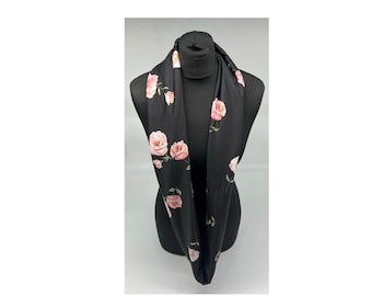 Black and pink infinity scarf, rose flower infinity  scarf, jersey loop scarf, gift for her,Mothers Day