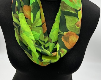 Green floral infinity chiffon scarf, floral  chiffon loop scarf, gift for her