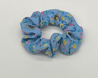 Bumble bee print scrunchies, blue yellow and pink  cotton hair accessories