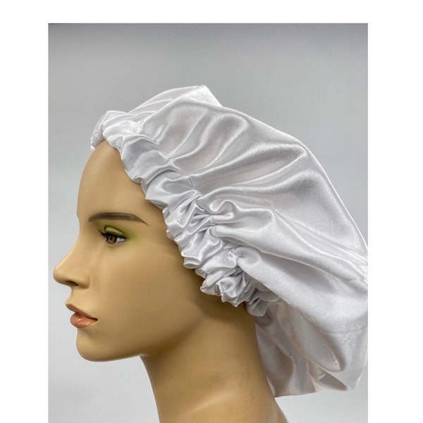 White shimmer satin Reversible bonnet, hair protection