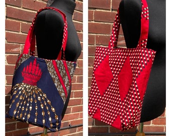 Navy and red tote, Ankara reversible tote bag, African wax cotton floral print