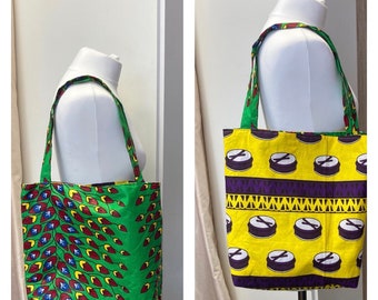 Green and yellow tote, reversible bag, Ankara wax cotton bag, Cotton shopper