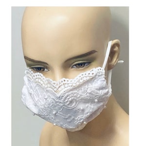 Bridal face covering , white lace mask with pearls for special occasions