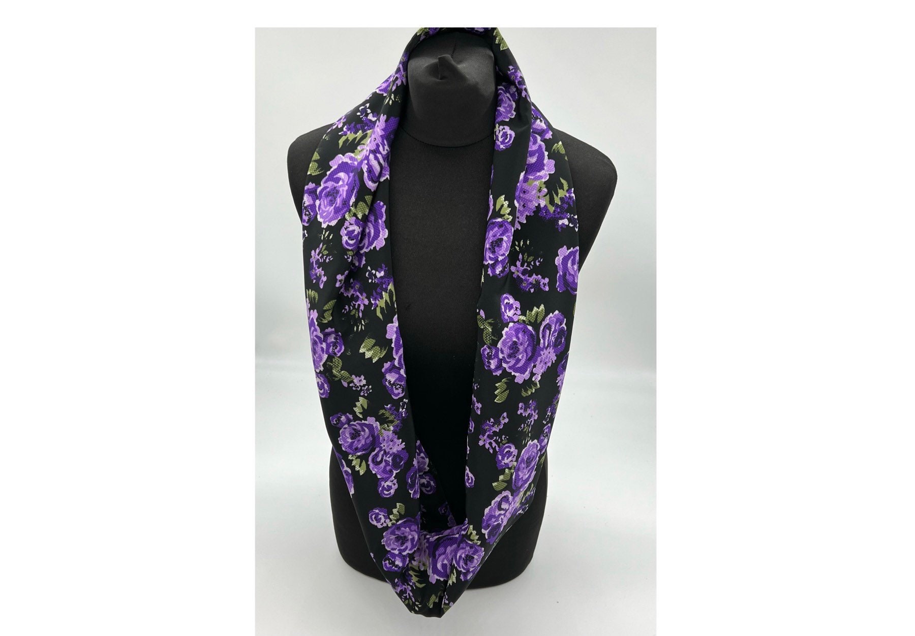 Purple Floral Infinity Scarf, Black, Purple and Lilac Flower Print  Multicoloured Loop Scarf, Gift for Her 