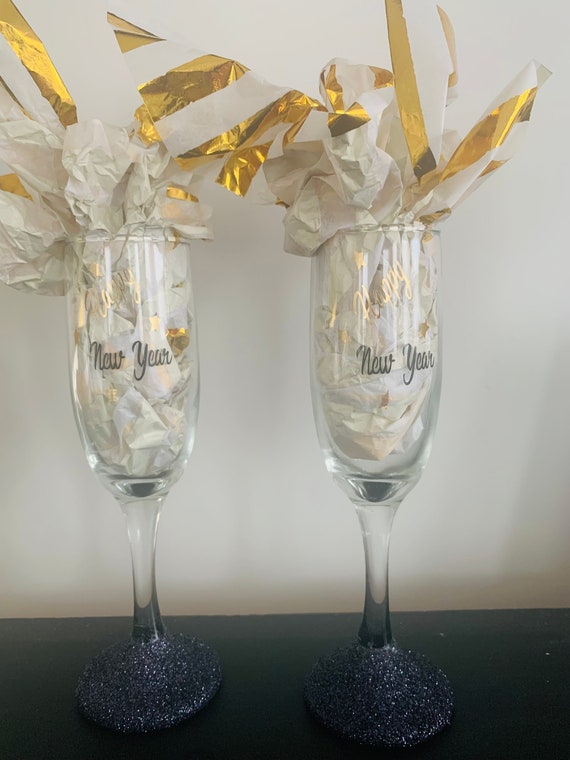 New Year Champagne Flutes Set of Two Holiday Gold Black Glitter Drink Toast. Etsy UK