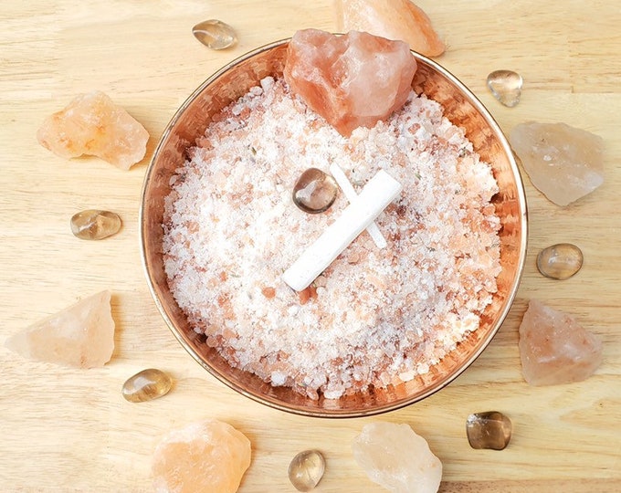 Soak the Day Away Bath Salts: Smoky Quartz, Selenite, Clary Sage, Lavender, Bergamot, Lemon Oils- 24 oz