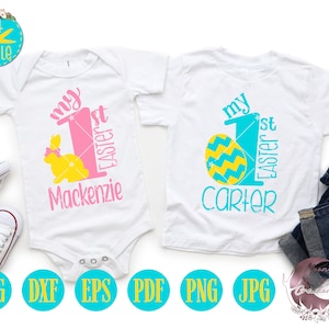 Minha primeira camisa de bebê de 1º ano de Páscoa personalizada DOWNLOAD INSTANTÂNEO Svg Eps Dxf Pdf Png Jpg Nome personalizável Versões para meninos e meninas