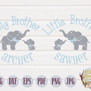Elefant große und kleine Bruder Fliege personalisierte Namen digital geschnitten Dateien INSTANT DOWNLOAD Svg Dxf Eps Pdf Png Jpg blau und grau