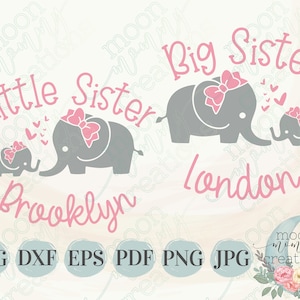 Olifant &Bow Grote en Kleine Zus Roze en Grijs GEPERSONALISEERDE Naam Digital Cut File Designs INSTANT DOWNLOAD Svg Dxf Eps Pdf Png Jpg