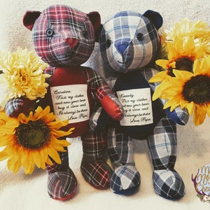 Teddy Bear Handmade from a Loved One&#39;s Clothing | Personalized Message Patch | T-Shirt Bear Stuffie | Lovey from Clothing | Memory Bear