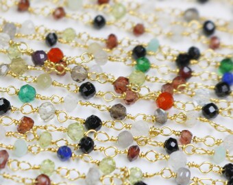 Multi Gemstone Chain Stone, Dainty Multi Chain, 14 K Gold Plated Linked Chain, 5 Foot 3-3.5 mm Multi Stone Beads