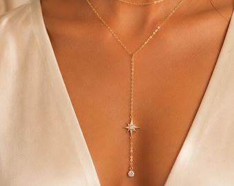 Star Lariat Necklace, CVD Diamond Y Necklace, 14K Gold Filled Dainty Layered Necklace, Minimalist Silver Pendant, Gift for Her, Everyday