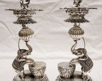 92.5 Silver Peacock Samai Diya, Diwali Gifts, Metal Diya, Return gifts Pongal Diwali Parties Engagement,Indian Pooja Oil Lamp Pair DC BS22