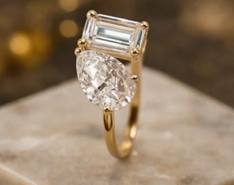 Anillo de oro macizo de 14 quilates con dos diamantes, anillo de compromiso Toi et Moi con talla pera y esmeralda, elegante anillo nupcial.