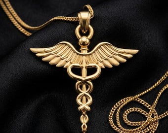 Colgante médico Caduceo 10k/14k/18k Oro blanco, amarillo, rosa, chapado en oro y plata con dije de médico, enfermera, paramédico y primeros auxilios.