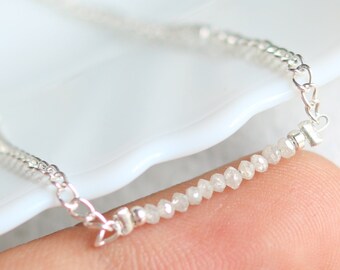 Dainty White Diamond Bar Necklace, Natural Diamond Beautiful Sterling Silver Necklace Handmade Jewelry