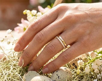 14K Gold Stackable Ring Set, CVD Diamond Band with Plain Gold Ring, Delicate Wedding Stack, Lab Grown Diamond Jewelry