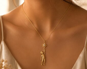 Diamond North Star Boy Pendant Necklace, 925 Sterling Silver Celestial Necklace, Handmade Fine Jewelry, Unique Anniversary Gift for Her