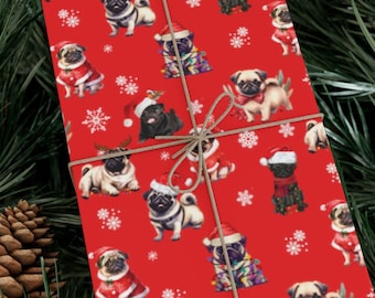 Pug Dog Christmas Wrapping Paper Merry Pug-Mas Pug Gifts Sheets Holiday Wrapping Paper Funny Red Gift Wrap, Fawn and Black Pugs