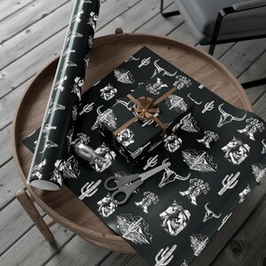 Western Goth Toile Wrapping Paper, Cowgirl Toile Gift Wrap in Black, Western Country Design, Birthday, Christmas, Holiday Wrap, Rodeo Girl, image 3