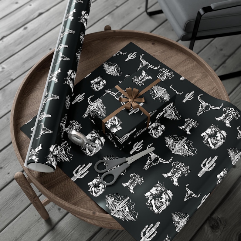 Western Goth Toile Wrapping Paper, Cowgirl Toile Gift Wrap in Black, Western Country Design, Birthday, Christmas, Holiday Wrap, Rodeo Girl, image 3