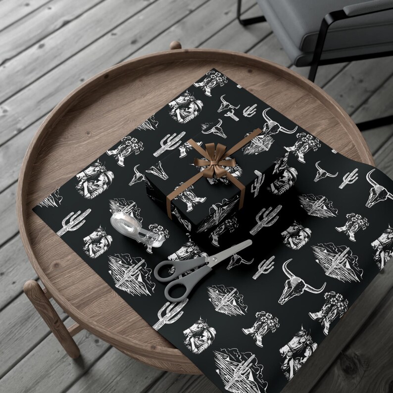 Western Goth Toile Wrapping Paper, Cowgirl Toile Gift Wrap in Black, Western Country Design, Birthday, Christmas, Holiday Wrap, Rodeo Girl, image 5