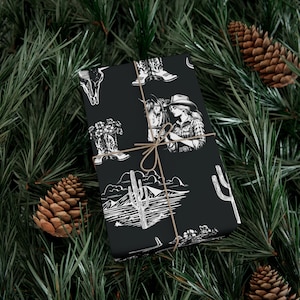 Western Goth Toile Wrapping Paper, Cowgirl Toile Gift Wrap in Black, Western Country Design, Birthday, Christmas, Holiday Wrap, Rodeo Girl, image 1