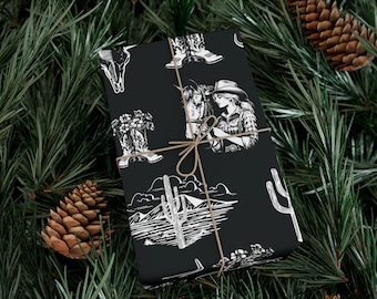 Western Goth Toile Wrapping Paper, Cowgirl Toile Gift Wrap in Black, Western Country Design, Birthday, Christmas, Holiday Wrap, Rodeo Girl,