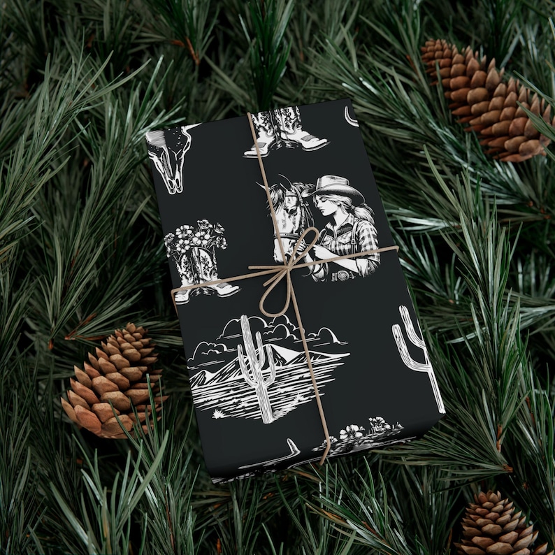 Western Goth Toile Wrapping Paper, Cowgirl Toile Gift Wrap in Black, Western Country Design, Birthday, Christmas, Holiday Wrap, Rodeo Girl, image 1