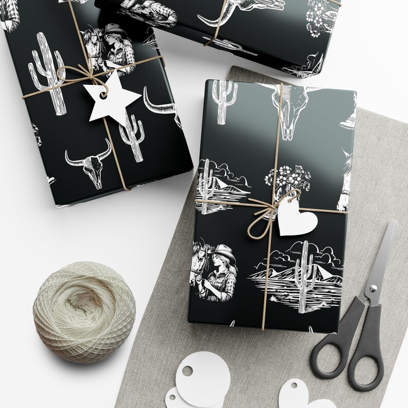 Western Goth Toile Wrapping Paper, Cowgirl Toile Gift Wrap in Black, Western Country Design, Birthday, Christmas, Holiday Wrap, Rodeo Girl, image 2