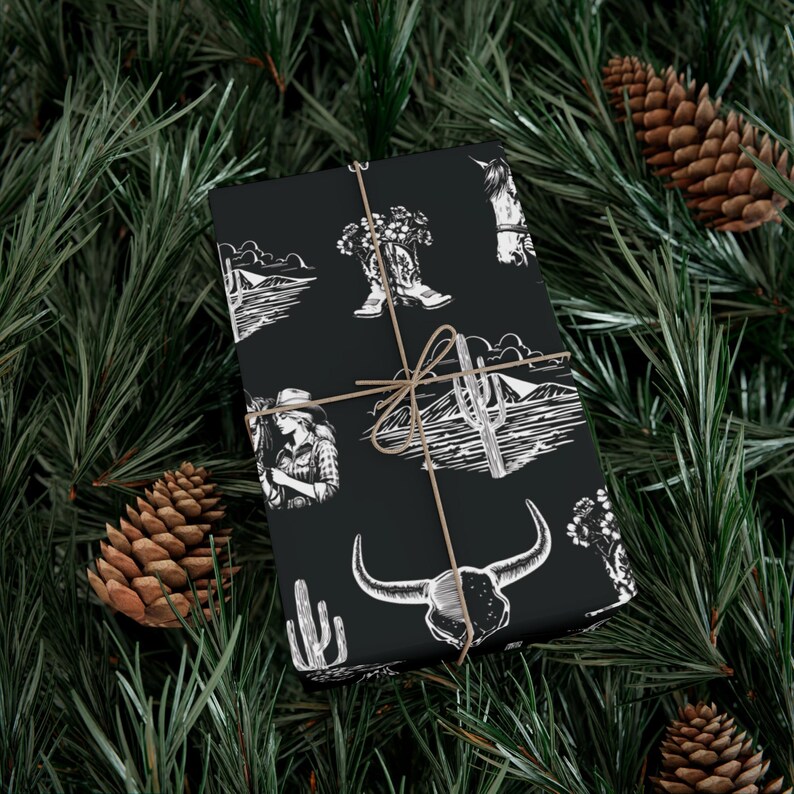 Western Goth Toile Wrapping Paper, Cowgirl Toile Gift Wrap in Black, Western Country Design, Birthday, Christmas, Holiday Wrap, Rodeo Girl, image 6