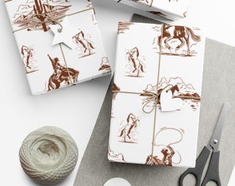 Western Toile Wrapping Paper, Brown Toile de Jouy Gift Wrap, Cowboy Gift Wrap, Western Wedding Wrapping Paper, Vintage Decorative Paper