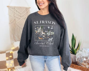 St Francis Assisi Social Club Woodland Animals Crewneck Sweatshirt, St Francis Art, Faith Based Shirt Catholic Sweatshirt Oversize Christian
