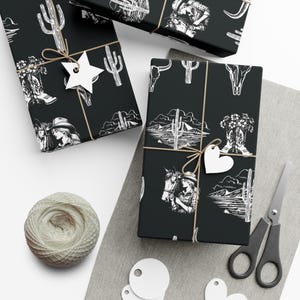Western Goth Toile Wrapping Paper, Cowgirl Toile Gift Wrap in Black, Western Country Design, Birthday, Christmas, Holiday Wrap, Rodeo Girl, image 4