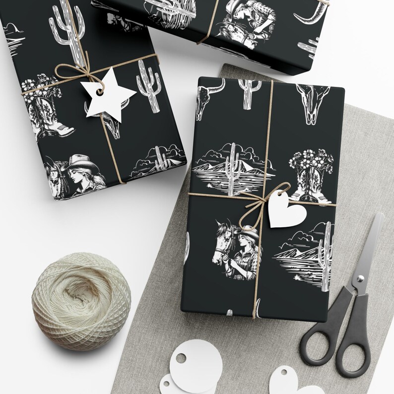 Western Goth Toile Wrapping Paper, Cowgirl Toile Gift Wrap in Black, Western Country Design, Birthday, Christmas, Holiday Wrap, Rodeo Girl, image 4