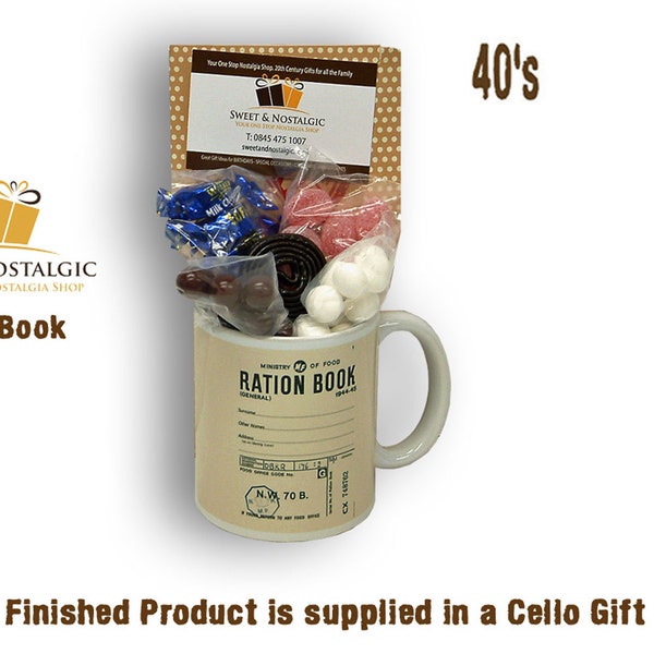 Ration Book Mug with a selection of 40's Traditional Sweets.