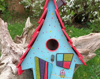 Casetta per uccelli in legno decorata a mano – Casetta per uccelli – Nido per cinciallegre o passeri – Decorazione da giardino fatta a mano – casetta per uccelli