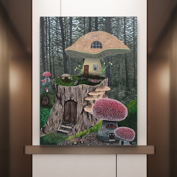 Oeuvre originale sur toile / Tableau "Au pays des lutins" / toile enfants/ champignons/ forêt