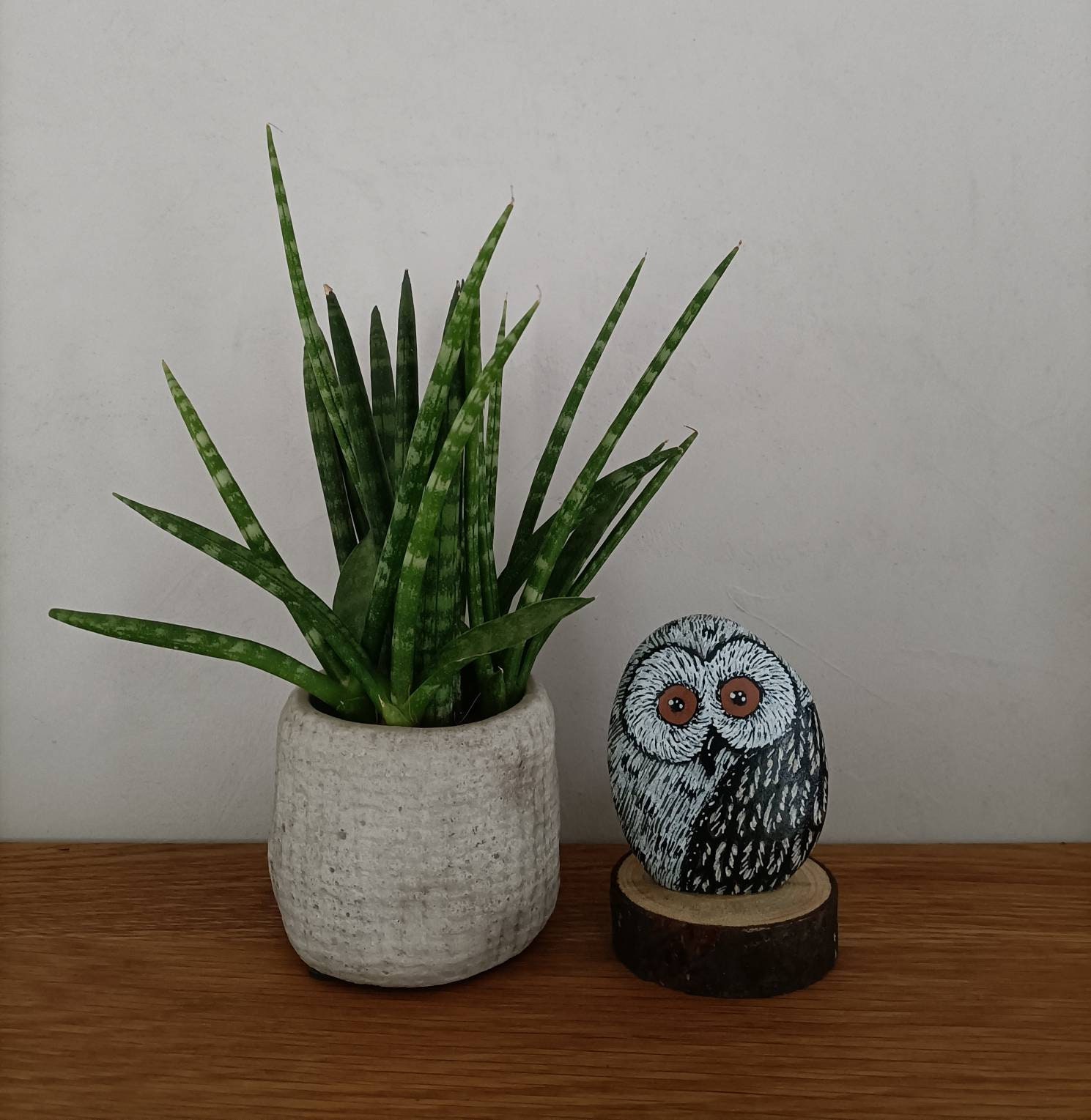 Galet Peint Chouette sur Socle Bois Naturel - Porte Bonheur