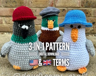 3-i-1 Virkat Fågelmönster: Duva, Anka, Mås Amigurumi (PDF-mönster)