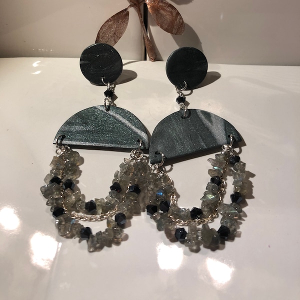 Pearly Black Gray moonstone chandelier earrings