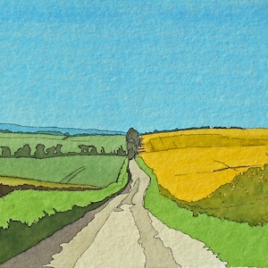 Puede incluir: Una pintura de acuarela de un camino de campo que conduce a través de un campo de flores silvestres amarillas. El camino está bordeado de árboles y arbustos verdes. El cielo es azul y el horizonte está en la distancia.