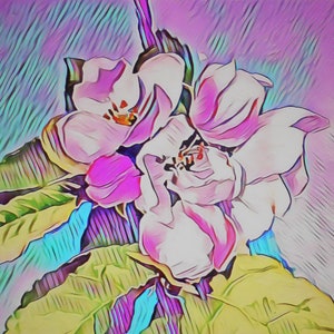 May include: A close-up of a painting of pink and white flowers with green leaves against a purple and blue background.