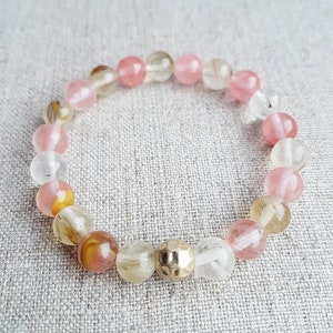 Quartz Bracelet, Quartz Jewelry, Watermelon Quartz, Stretch Bracelet, Gemstone Bracelet, Beaded Bracelet, Mens Bracelet, Womens Bracelet