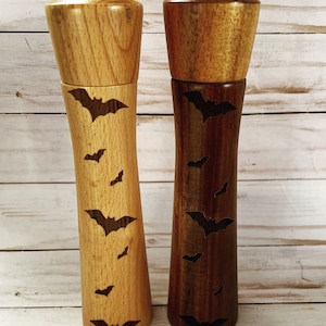Wood engraved bats salt and pepper grinders