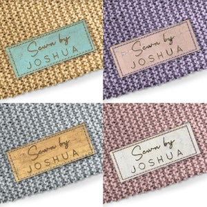 May include: Four fabric swatches with a sewn-in label that reads "Sewn by Joshua". The swatches are in four different colors: beige, purple, gray, and pink.