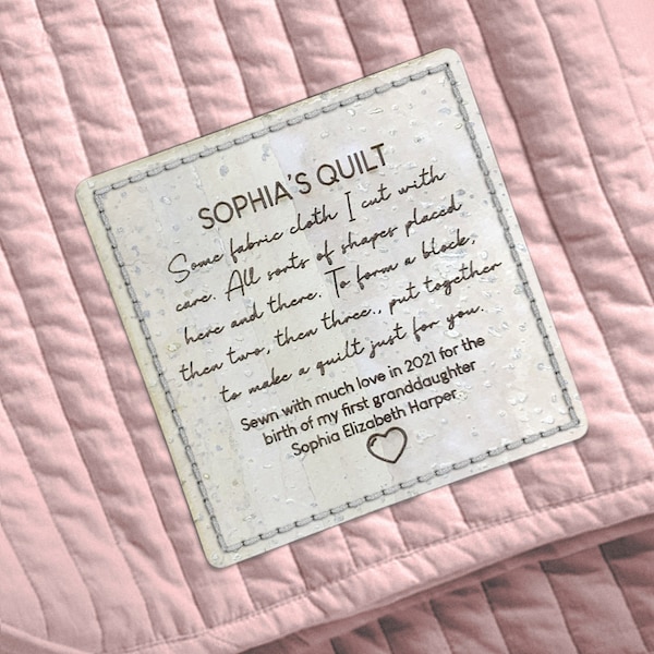 Large Quilt Label Personalised Blanket Patch Cream Cork 60mm x 60mm Sew On Quilt Label Tags - 069