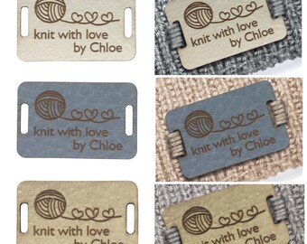 Personalised 28mm x 18mm Rectangle Faux Leather labels. Custom leather labels, Wool Heart Strand handmade items, Tags for Crochet - 003